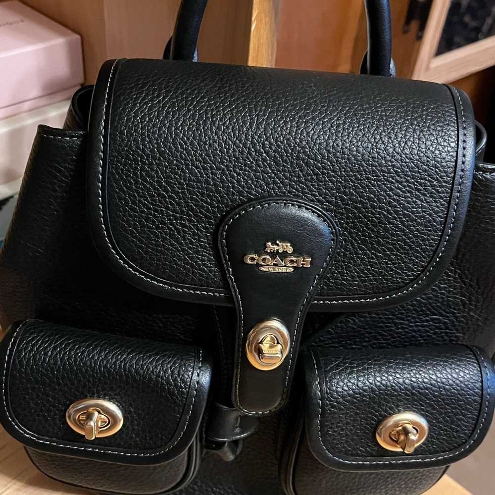 Coach Black Leather Mini Backpack with Gold Accents